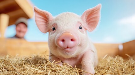 Adorable pink piglet on hay with a blurred farmer in the background. Cute farm animal under blue sky at a rustic barn setting.