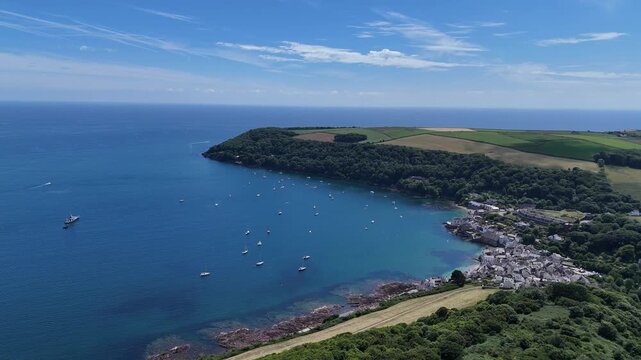 Aerial view of English seaside towns Kingsand and Cawsand in southeast Cornwall, England