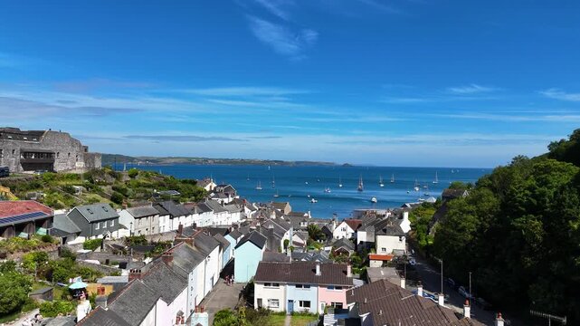 Aerial view of English seaside towns Kingsand and Cawsand in southeast Cornwall, England