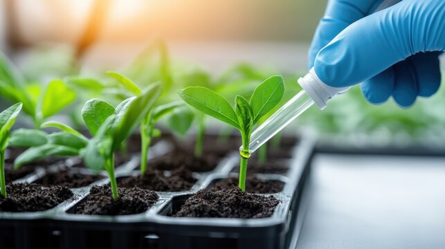 Close up of scientist's hand injecting liquid into plants growing in a tray to study their growth and development in the lab.