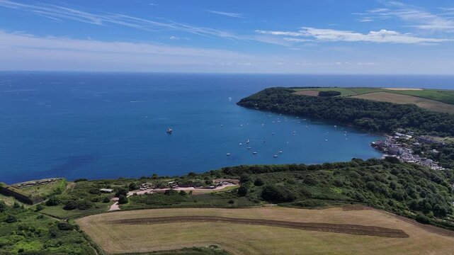 Aerial view of English seaside towns Kingsand and Cawsand in southeast Cornwall, England