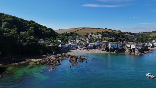 Aerial view of English seaside towns Kingsand and Cawsand in southeast Cornwall, England