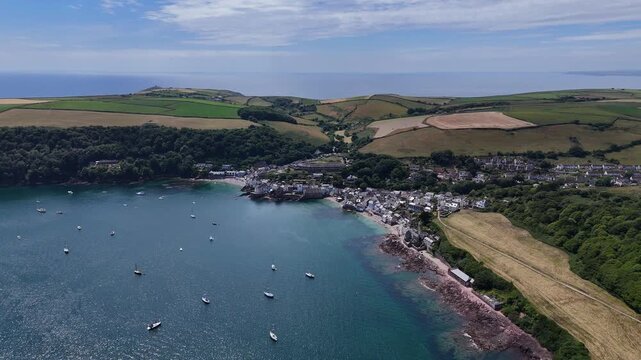 Aerial view of English seaside towns Kingsand and Cawsand in southeast Cornwall, England
