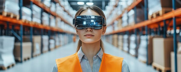 A worker using augmented reality glasses to streamline inventory management in a modern warehouse