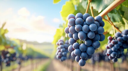Close-up of ripe grapes hanging on vine in a vineyard, bathed in sunlight. Perfectly captures the beauty of nature and agriculture.