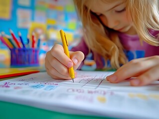 Little Girl Concentrating on Drawing with Yellow Pencil