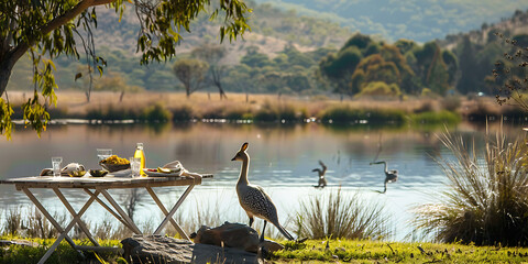 A peaceful lakeside picnic with a bird watching a table set with food, green, brown, and blue,  evoking tranquility and nature's beauty. 