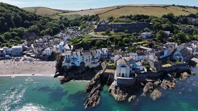 Aerial view of English seaside towns Kingsand and Cawsand in southeast Cornwall, England