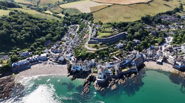 Aerial view of English seaside towns Kingsand and Cawsand in southeast Cornwall, England