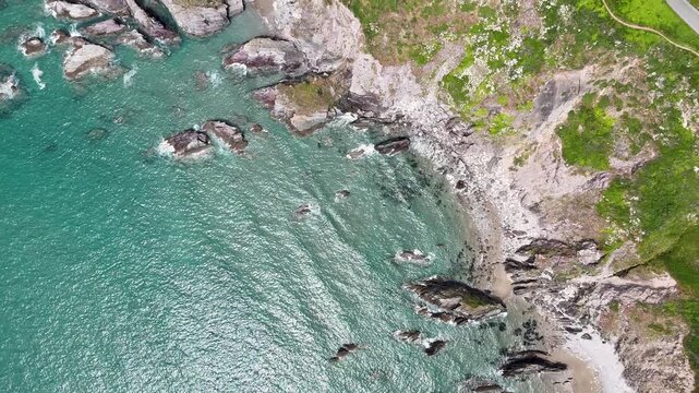 Aerial view of the beaches and cliffs of Whitsand Bay in southeast Cornwall, England