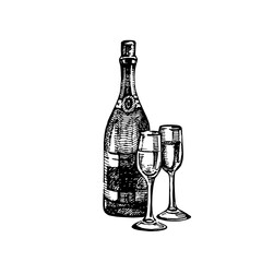 Hand drawn vintage sketch champagne bottle and glasses. Vector illustration 