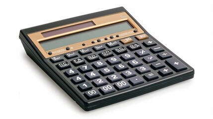 A classic black and gold electronic calculator set against a white background, highlighting its large buttons and clear display, representing utility, education, and mathematical calculation.