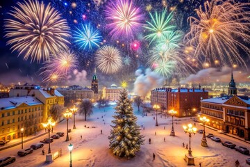 New Year’s scene featuring a beautifully decorated Christmas tree in the city, with vibrant fireworks lighting up the sky. Highlights festive city streets adorned with bright lights and garlands, capt