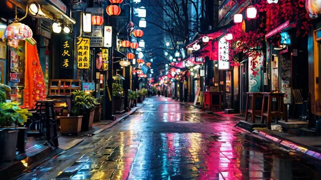 City street lights at night, narrow alley and lanterns after rain in Asia