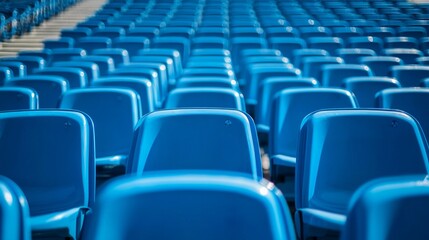 Blue seats on the grandstand of the football stadium.
