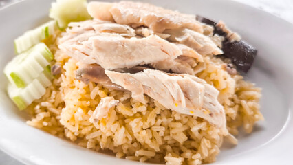 Chicken rice on a plate in a restaurant