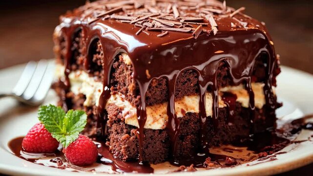 Chocolate cake closeup, delicious choco desert piece served in a plate 