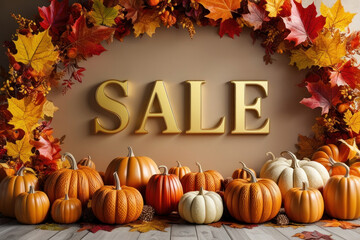 Text "Sale" golden color against a background of autumn leaves and pumpkins. Beige-orange background. Autumn sales concept. AI