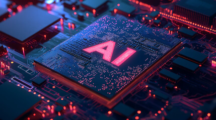 AI, artificial intelligence, powerful computer processor microchip with the word representing artificial intelligence, AI technology