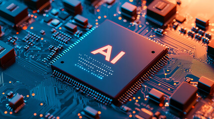 AI, artificial intelligence, powerful computer processor microchip with the word representing artificial intelligence, AI technology