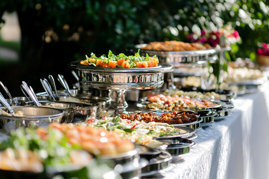 Elegant buffet table with various dishes in a garden setting, outdoor catering concept