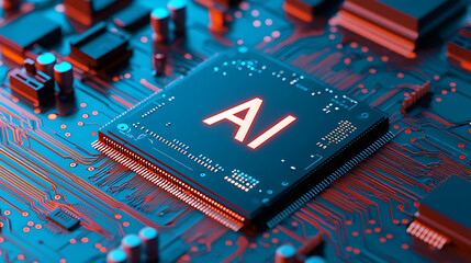 AI, artificial intelligence, powerful computer processor microchip with the word representing artificial intelligence, AI technology