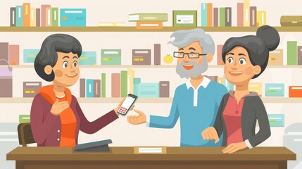 Fototapeta premium A customer discusses a smartphone with a clerk as an elderly man observes in a charming library