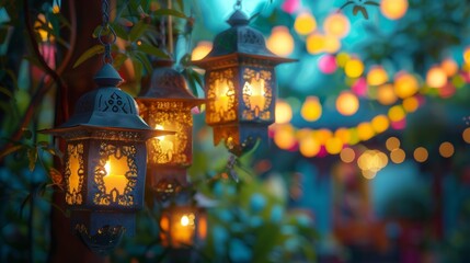 diwali lantern decor, delicately designed lanterns dangle from a vibrant diwali banner, emitting a charming light that embodies the enchanting spirit of the festive celebration