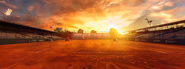 A clay tennis court bathed in warm orange and golden light, perfect for a summer sports competition. 