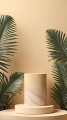 Fototapeta premium 3D rock pedestal podium on tropical pastel golden background. Exotic natural palm leaf shadow