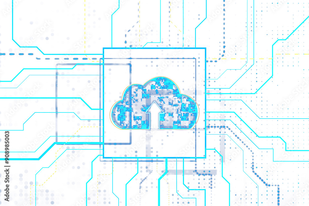 Aufkleber Digital cloud storage icon with circuit lines, abstract graphic style, white background. Concept of cloud computing and tech services. 3D Rendering