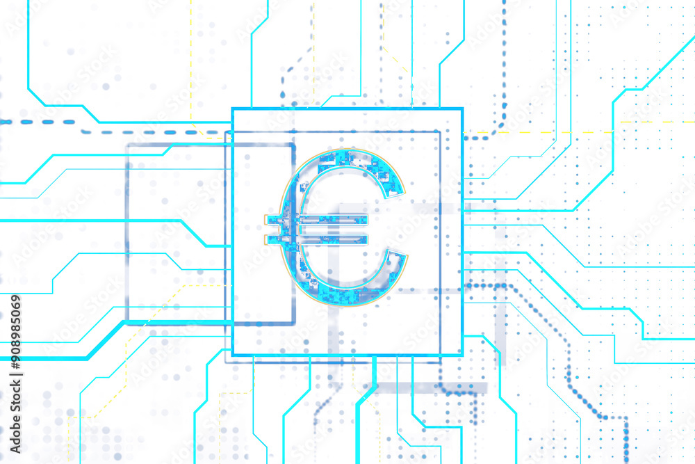 Poster euro symbol with circuitry design on white background, representing digital currency concept. 3d ren