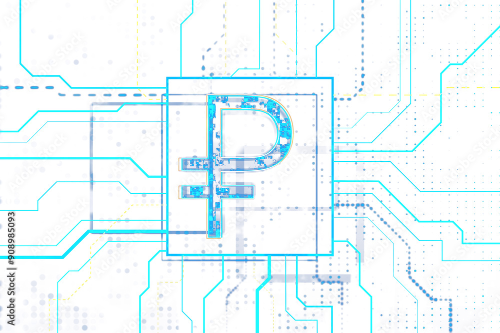 Poster Blue digital Ruble symbol integrated into a circuit board design on a white background. Concept of digital currency technology. 3D Rendering