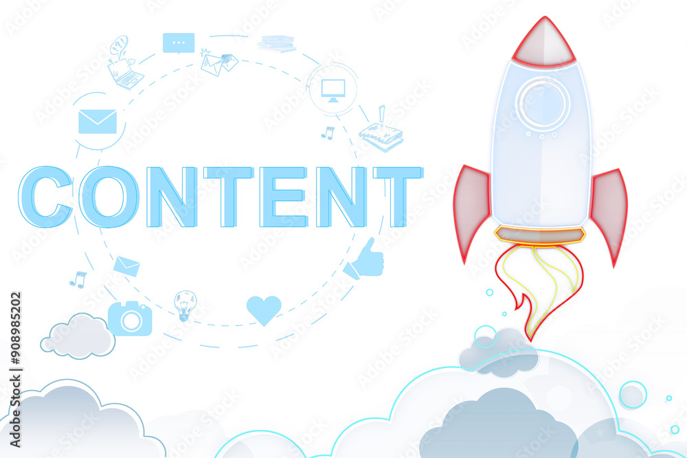 Poster Rocket launching beside the word Content surrounded by digital icons, isolated on a white background. Represents content strategy concept. 3D Rendering