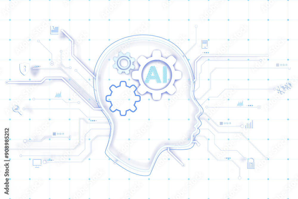 Aufkleber illustration of a human head outline with gears and ai text, on a transparent background. concept of