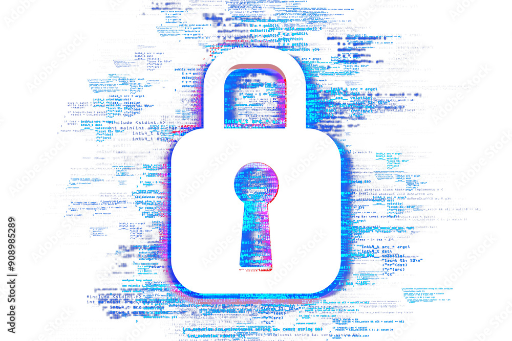 Leinwandbilder lock symbol overlaid with blue and pink code on a white background. concept of cybersecurity and dat