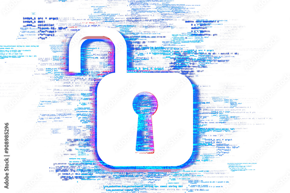 Leinwandbilder Open digital lock icon with coding text on a white background. 3D Rendering. Concept of cybersecurity and data breach