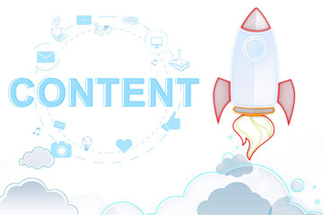 Fototapeta premium Rocket launching beside the word Content surrounded by digital icons, isolated on a white background. Represents content strategy concept. 3D Rendering