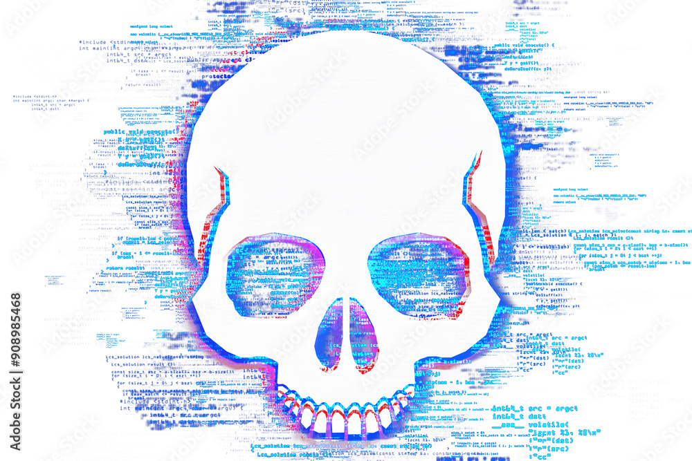 Poster Skull made of digital codes in neon colors on a white background, representing cybercrime and hacking. 3D rendering