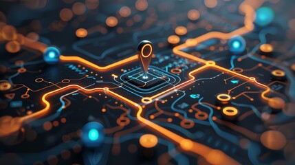 Digital map with illuminated routes, prominent location pin, blue and orange highlights, symbolizing navigation and technology