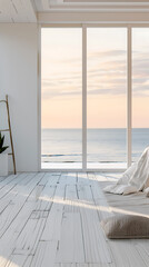 Minimalist white bedroom with ocean view,  featuring white, beige, and brown tones, perfect for a relaxing and serene atmosphere. 