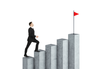 Businessman in a suit climbing concrete steps towards a red flag on a white background, symbolizing career progression, ambition, and success