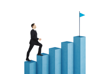 Businessman in a suit climbing blue blocks towards a flag on a white background. Concept of goal achievement and career success