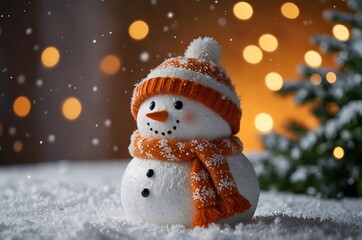 Winter holiday christmas background banner - Closeup of cute funny laughing snowman with wool hat and scarf, on snowy snow snowscape with bokeh lights