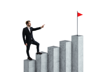 Businessman climbing stairs pointing towards a red flag. Isolated on white background. Concept of ambition, career success, leadership