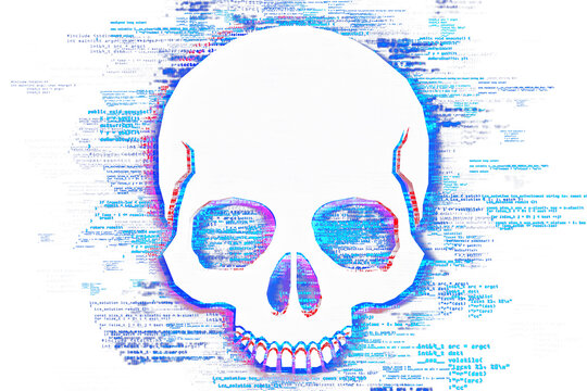 Skull made of digital codes in neon colors on a white background, representing cybercrime and hacking. 3D rendering