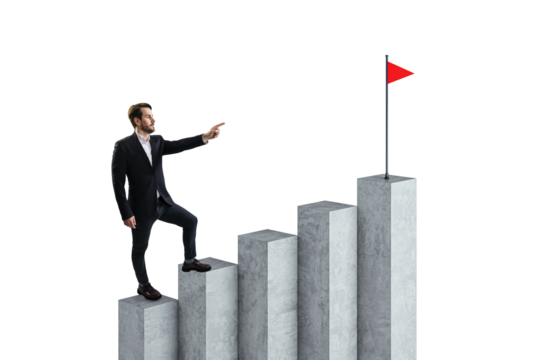 Businessman climbing stairs pointing towards a red flag. Isolated on white background. Concept of ambition, career success, leadership