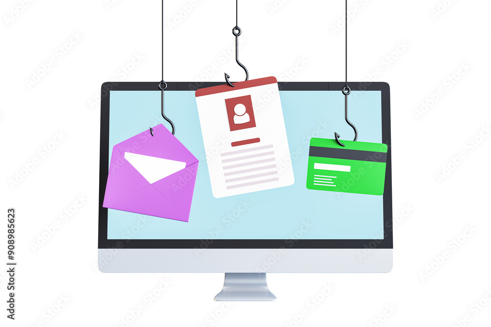 Poster illustration of computer screen with hooks pulling envelope, id, and credit card. white background. 