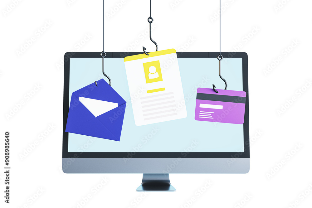 Poster Digital phishing concept of hooks catching an envelope, document, and card on a computer screen. Clean white background. 3D Rendering