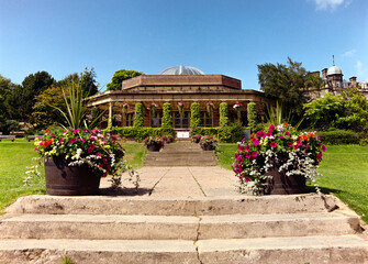 A view of The Sun Pavilion in Valley Gardens in Harrogate North Yorkshire England shot on a medium format film camera using Kodak Gold 200.